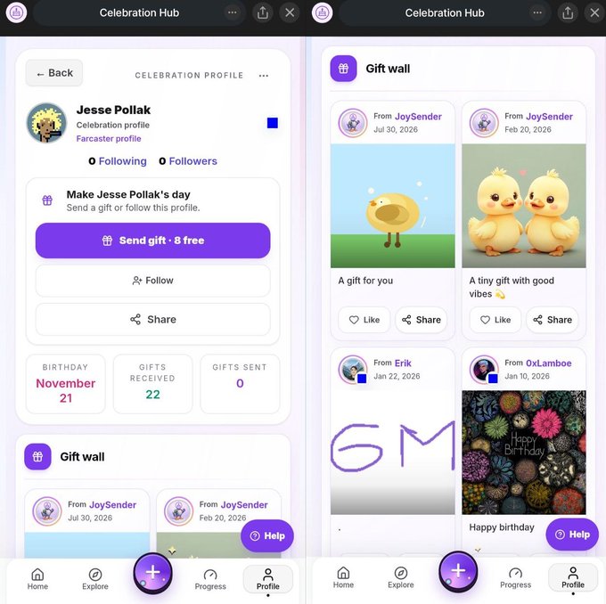 Two screenshots of a 'Celebration Hub' app showing the 'CELEBRATION PROFILE' for Jesse Pollak (Farcaster profile, birthday November 21, 22 gifts received) on the left, and a 'Gift wall' displaying gifts like 'A gift for you' and 'A tiny gift with good vibes' from users JoySender, Erik, and OxLamboe on the right.