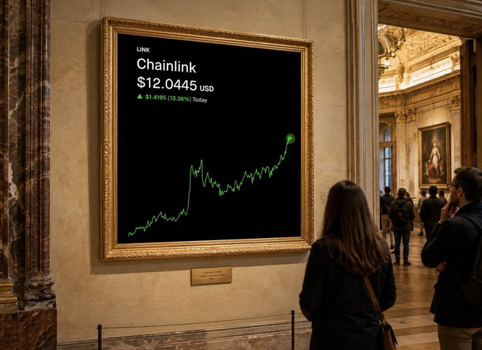 A large gilded frame in the style of the Louvre museum hangs on an ornate wall, displaying a Chainlink (LINK) price chart showing $12.0445 USD with a 13.36% daily gain. Museum visitors admire the digital artwork, treating the rising green crypto chart like a masterpiece, which fits the post celebrating LINK as a "beautiful" chart worthy of the Louvre.