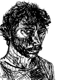A black and white pen/ink sketch portrait of a young man with messy hair, glasses, and stubble, rendered in a sketchy artistic style.