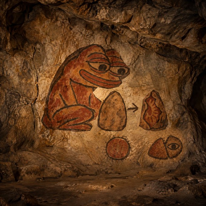 Ancient cave paintings on a rock wall depicting a reddish-brown frog-like figure alongside teardrop shapes, an arrow, a sun symbol, and an eye.
