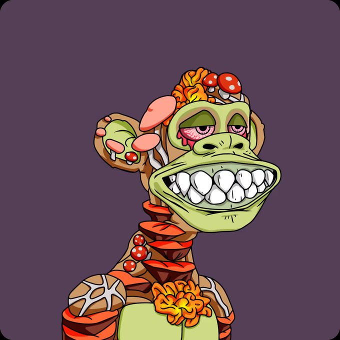 Digital illustration of a stylized green zombie-like monkey character with an exposed brain, mushrooms, and a wide grinning mouth against a purple background.
