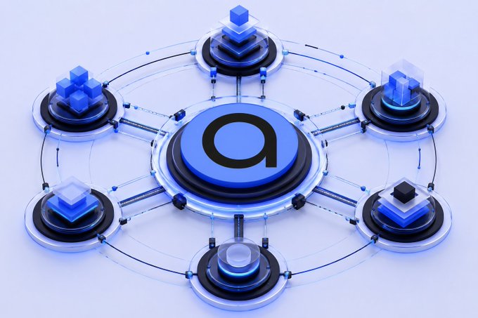 A blue futuristic 3D graphic showing interconnected nodes and cubes arranged around a central circle containing a magnifying glass icon.