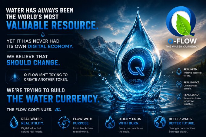 A promotional graphic for 'Q-FLOW THE WATER CURRENCY' featuring a large blue water drop with a 'Q' logo, with text highlighting 'WATER HAS ALWAYS BEEN THE WORLD'S MOST VALUABLE RESOURCE' and 'WE'RE TRYING TO BUILD THE WATER CURRENCY.'