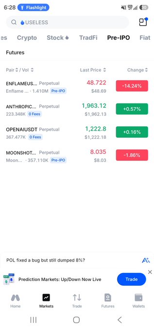 The image shows MEXC’s “Pre-IPO” futures list, including ENFLAMEUS, ANTHROPIC, OPENAUSDT, and MOONSHOT, with prices and 24-hour percentage changes—highlighting how pre-IPO contracts let traders speculate on private companies before public trading begins.