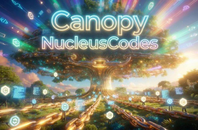 A vibrant digital artwork featuring a glowing tree with the text 'Canopy NucleusCodes' displayed prominently in neon-style lettering.