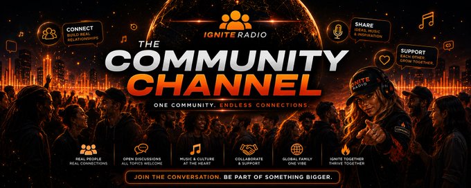 A promotional graphic for 'IGNITE RADIO - THE COMMUNITY CHANNEL' with orange and black design, featuring various feature icons and the tagline 'ONE COMMUNITY. ENDLESS CONNECTIONS.'
