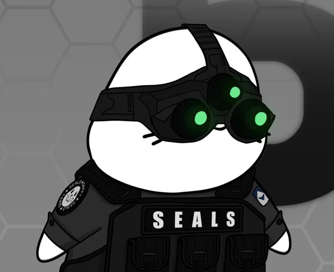 A cartoon white cat character dressed as a tactical SEAL operator wearing night vision goggles with green lenses and a vest labeled 'SEALS'.