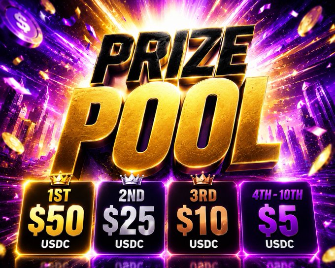 A flashy promotional graphic for a 'PRIZE POOL' shows winnings of $50 USDC for 1st, $25 USDC for 2nd, $10 USDC for 3rd, and $5 USDC for 4th-10th place, set against a vibrant purple and gold background.