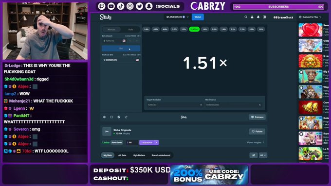 A screenshot of a Twitch livestream by 'CABRZY' playing a Stake gambling game showing a '1.51x' multiplier, with a live chat, deposit amount of $350K USD, and bonus code 'CABRZY'.