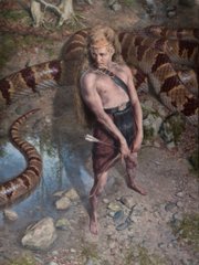 A 3D-rendered image of a woman in a black dress sitting beside a large snake in a rocky outdoor environment.