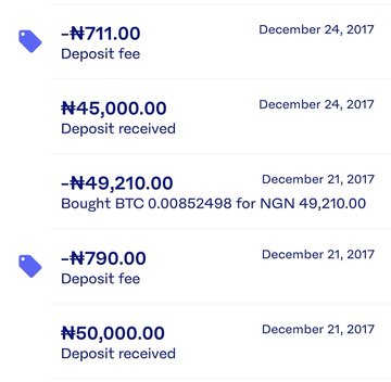 A transaction log from a cryptocurrency exchange showing a ₦50,000.00 deposit on December 21, 2017, a ₦790.00 fee, followed by a Bitcoin purchase of ₦49,210.00 for 0.00852498 BTC, and a subsequent ₦45,000.00 deposit with a ₦711.00 fee on December 24, 2017—illustrating the author's early Ethereum (ETH) purchases in Naira before it gained significant value.