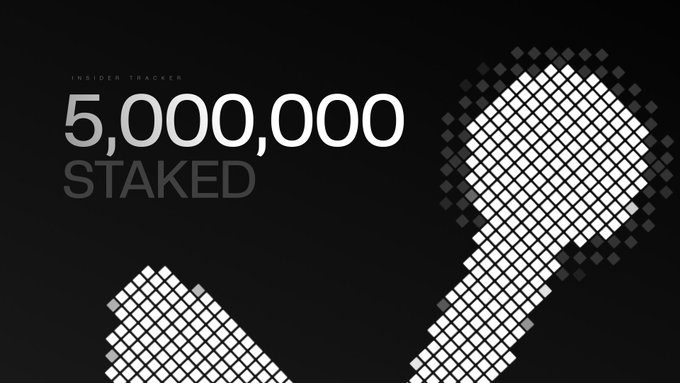 A sleek black graphic with a pixelated key design announcing that 5,000,000 $INSIDER tokens have been staked, marking the first major milestone for the Insider Tracker platform.