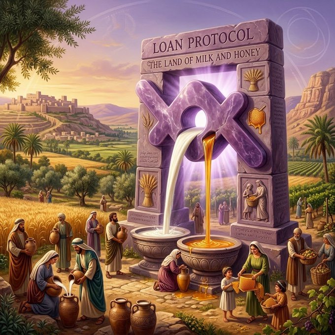 An illustrated fantasy scene titled 'LOAN PROTOCOL: THE LAND OF MILK AND HONEY' depicts figures collecting milk and honey flowing from a stone monument in a biblical landscape.