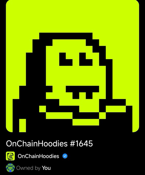 A digital collectible profile for OnChainHoodies #1645, showing a pixelated hooded figure in neon green and black, verified and owned by the user.