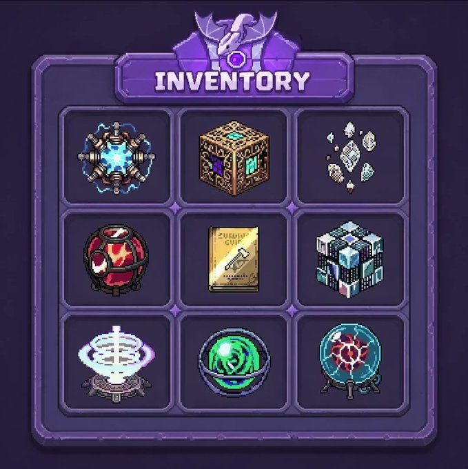 A pixel-art style 'INVENTORY' screen from a fantasy video game, showing a 3x3 grid of items including orbs, a magic box, crystals, a red sphere, a book, and other mystical objects.