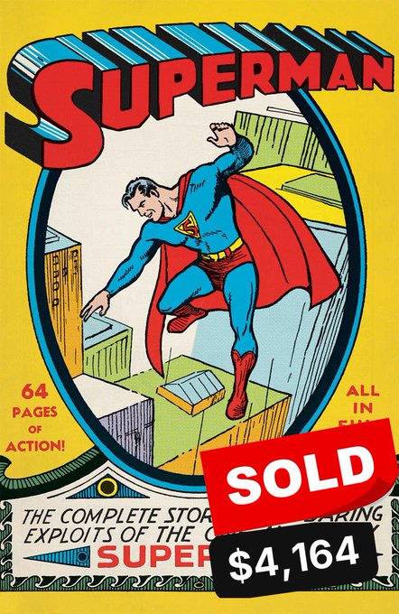 The image shows a vintage Superman #1 comic book cover from 1939-2011, featuring the iconic hero leaping over a cityscape with the classic "64 PAGES OF ACTION!" and "THE COMPLETE STORY EXPLOITS OF THE" text visible, marked as sold for $4,164 on MagicEden between buyer @RormacN and seller 2Ft9…KWWs, with a "44/150" serial number indicating its limited rarity.