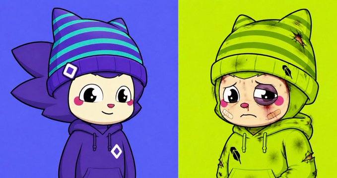 Two cartoon characters side-by-side: a cheerful purple version with a striped beanie and hoodie on the left, and a battle-damaged green version with bandaged eye and dirty clothing on the right.