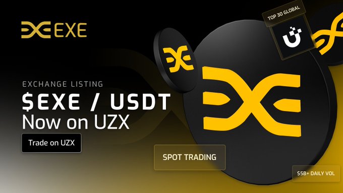 The image features a banner advertisement for a cryptocurrency exchange called "EXE" (Exchange Trading). The logo displayed on the banner is yellow and black, consisting of an exclamation mark and a dollar sign symbolizing currency exchange. Below this logo, there's some text explaining that EXE is now live on UZX, or Universal Exchange Trading.

The banner also contains a list of cryptocurrencies available for trading at this particular platform. These include Bitcoin, Ripple, and others. The image includes a screenshot of the cryptocurrency trading interface to give users an idea of how it works.