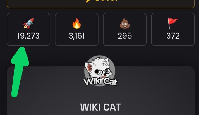 A statistics dashboard displays $WikiCat ($WKC) metrics with a rocket icon showing 19,273, a flame icon showing 3,161 streaks, a poop emoji showing 295, and a flag icon showing 372, with a green arrow highlighting the rocket number. The Wiki Cat mascot logo and "WIKI CAT" title appear below, visually emphasizing the impressive 19,273 figure mentioned in the promotional post.