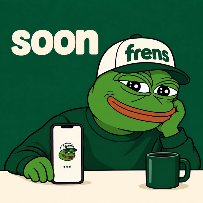 A promotional graphic for Frens features Pepe the Frog wearing a white-and-green “frens” cap beside a smartphone showing the same logo, with a mug nearby and the word “soon” in large cream text. It serves as a teaser for the accompanying post offering $50 in $SOL and asking people to follow @frenstrade and submit Solana addresses via RT/likes.