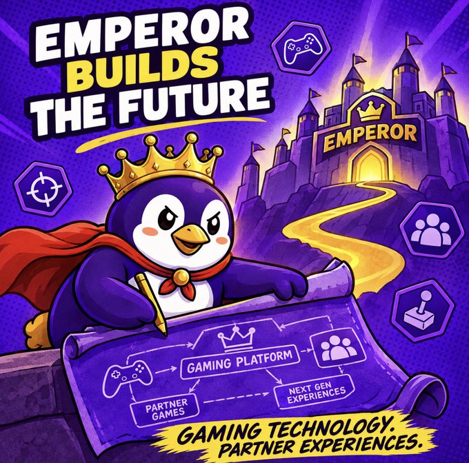 A vibrant promotional graphic titled 'EMPEROR BUILDS THE FUTURE' featuring a crowned penguin writing on a blueprint labeled 'GAMING PLATFORM,' 'PARTNER GAMES,' and 'NEXT GEN EXPERIENCES,' with a purple castle in the background.