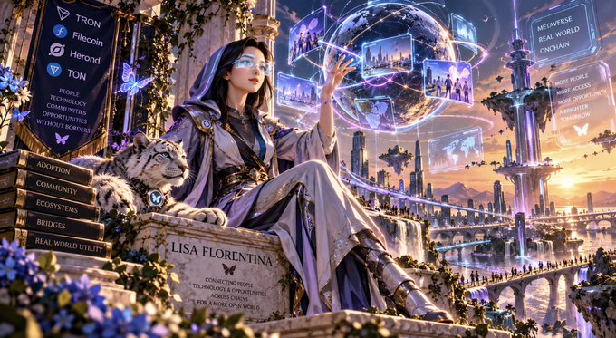 A digital artwork titled 'LISA FLORENTINA' depicting a hooded figure with a white tiger companion beside a futuristic city, with text elements 'TRON', 'Filecoin', 'Herond', 'TON', 'METaverse REAL WORLD ON CHAIN', 'ADOPTION COMMUNITY ECOSYSTEMS BRIDGES REAL WORLD UTILITY', and 'CONNECTING PEOPLE, TECHNOLOGY & OPPORTUNITIES ACROSS CHAINS FOR A MORE OPEN WORLD'.