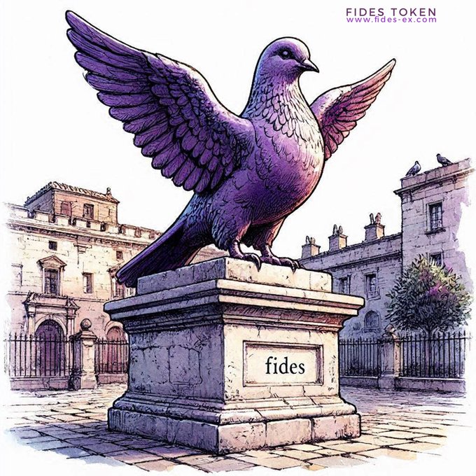 A purple dove statue perched atop a stone pedestal engraved with "fides" stands in a classical plaza, with the text "FIDES TOKEN www.fides-ex.com" displayed in the top right corner—visually reinforcing the brand identity of the Fides Token being promoted for trading on Jupiter.