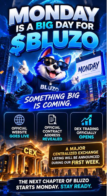 Promotional poster for $BLUZO cryptocurrency featuring a husky mascot wearing sunglasses with text announcing 'MONDAY IS A BIG DAY FOR $BLUZO' and details about official website launch, contract address reveal, and DEX trading opening.