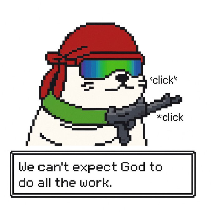 A pixel art illustration of a cat wearing a red bandana and rainbow shutter shades, holding a sniper rifle, with the text '*click* *click*' and a dialogue box reading 'We can't expect God to do all the work.'