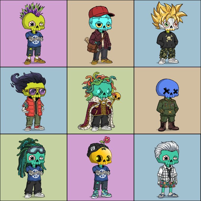 A 3x3 grid of cartoon zombie/skull NFT characters with various hairstyles, outfits, and accessories displayed on different colored backgrounds.