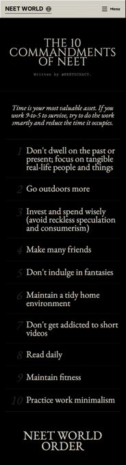 The image shows an email with a black background, featuring a list of ten commandments or guidelines for living a better life. The text at the top reads "The 10 Commandments of Neet World Order", which suggests that this message is related to the concept of Neet world order. The post also mentions that it's about becoming a $neet world order, indicating that the email might be promoting a new online platform or service focused on personal development and self-improvement.