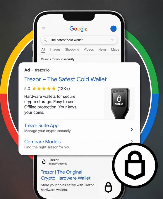 A Google search results page displayed on a smartphone showing an ad for "Trezor – The Safest Cold Wallet" with a 5.0 star rating from 12K+ reviews and a picture of the Trezor hardware device.