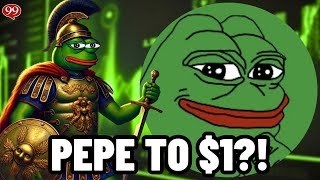 A YouTube thumbnail featuring Pepe the Frog dressed as a Roman centurion next to a giant Pepe face, with the text 'PEPE TO $1?!' in bold white letters.