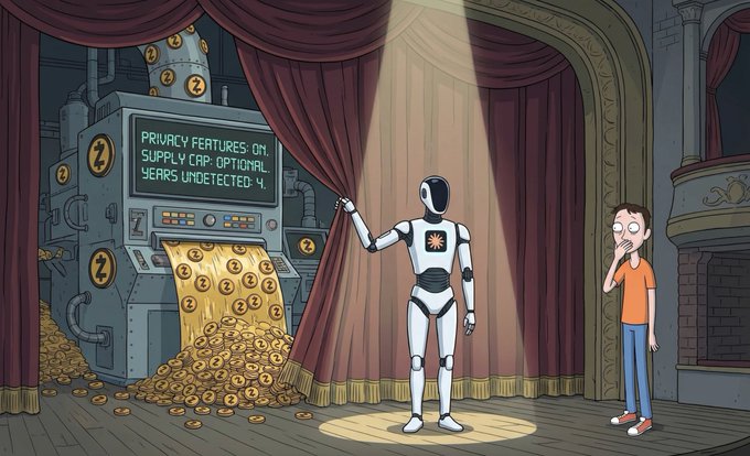 The image features a cartoon scene with two characters, one man and one robot, standing next to each other. The man has his hand up to a curtain, while the robot has its arm extended towards the curtain as if trying to pull it back. In front of them is an enormous machine filled with gold coins, which seems to be the center of attention in their interaction. The caption below the image reads "$ZEC is so private that you couldn't see billions of dollars leave out the back door". This suggests that the scene might be related to a cartoon or comic strip where the characters are discussing the contents of the machine filled with gold coins, and they are trying to figure out how much money is inside.