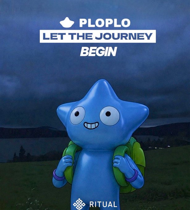 A cheerful blue star-shaped character named Ploplo with a green backpack stands against a moody twilight landscape, smiling widely as he embarks on an adventure. The image is branded with the text "PLOPLO LET THE JOURNEY BEGIN" at the top and the "RITUAL" logo at the bottom, visually launching the "PloPlo Quest" campaign inviting the community to complete quests and unlock mystery rewards.