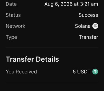 A cryptocurrency transaction confirmation screen on the Solana network dated Aug 6, 2026 at 3:21 am showing a successful transfer of 5 USDT received.