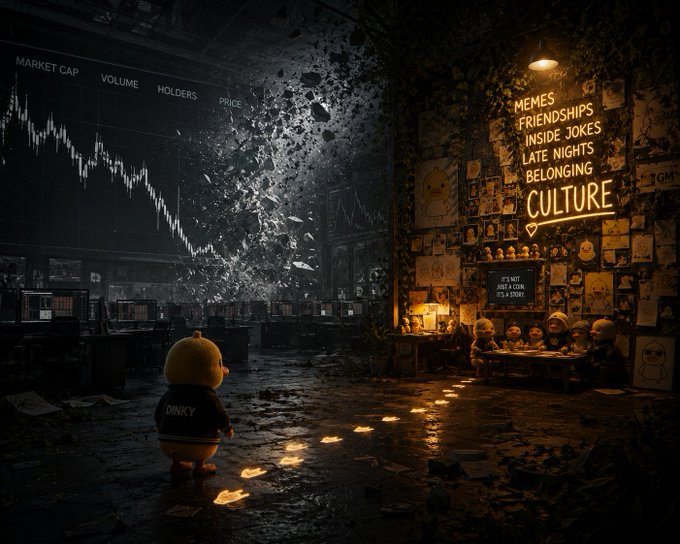 A dark, surreal digital artwork depicting a small yellow character named "DINCY" standing before a large crumbling financial chart labeled "MARKET CAP VOLUME HOLDERS PRICE" and an illuminated shrine celebrating "CULTURE" with phrases like "MEMES, FRIENDSHIPS, INSIDE JOKES, LATE NIGHTS, BELONGING".
