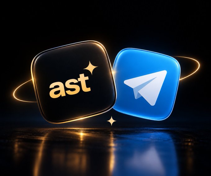 A digital illustration of two glowing 3D app icons on a reflective black surface: a black icon labeled 'ast' in gold with a sparkle, and a blue icon resembling the Telegram paper plane logo.