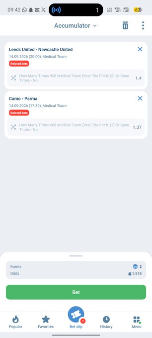 A 1xBet mobile app shows a betting slip with two entries: "Leeds United - Newcastle United" and "Como - Parma," both marked "Refused bets" with odds of 1.4 and 1.37 for "How Many Times Will Medical Team Enter The Pitch." The image relates to the post by showing that 1xBet refused to accept these bets, supporting the user's complaint about the platform.