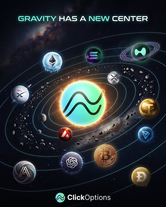 An advertisement for ClickOptions featuring the text "GRAVITY HAS A NEW CENTER" at the top, with a central glowing logo surrounded by orbiting cryptocurrency and tech logos including XRP, AVAX, SOL, ETH, BTC, ADA, DOGE, TON, LINK, and Aptos.