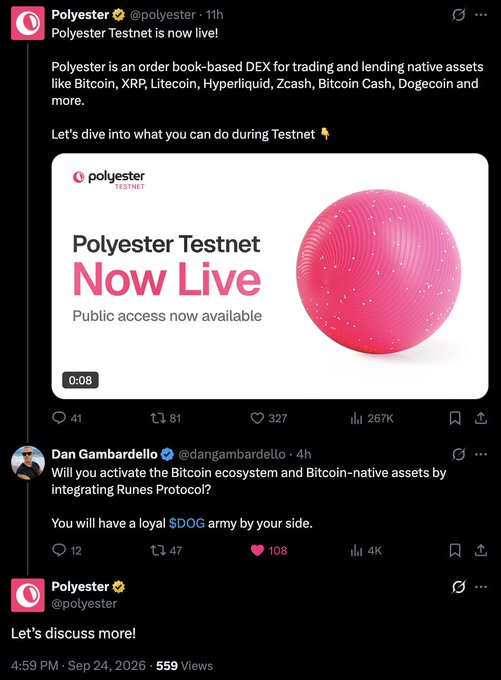 A Twitter/X post by @polyester announcing "Polyester Testnet is now live," describing it as an order book-based DEX for trading assets like Bitcoin, XRP, and Litecoin.