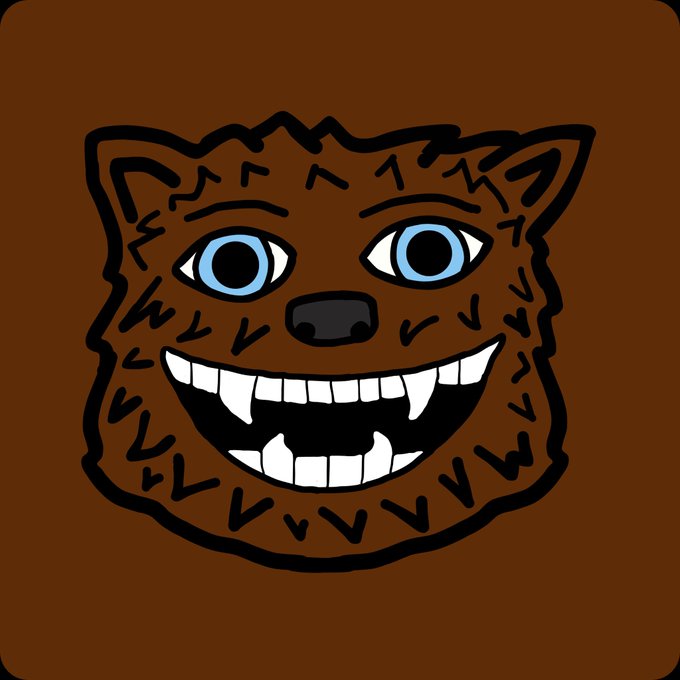 A stylized cartoon illustration of a brown, furry creature face with bright blue eyes and a wide, toothy grin on a brown background.