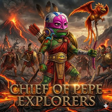 A fierce, Pepethemed warrior queen with pink facial markings and tribal armor stands in front of a fiery, volcanoridden battlefield flanked by an army and a phoenixlike bird, with the bold golden title "CHIEF OF PEPE EXPLORERS" displayed below. The image visually ties into the caption "Ansem —-> @PepeExplorers" by depicting the commanding "chief" figure representing the Pepe Explorers community.