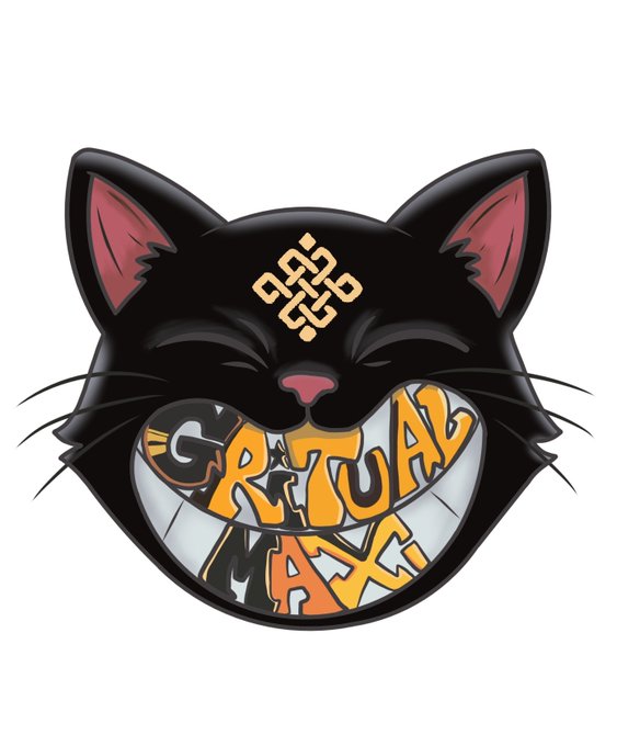 A logo featuring a black cat with pink inner ears and an endless knot symbol on its forehead, with a wide grin showing the words 'GRIZTUAL MAXI' on its teeth.