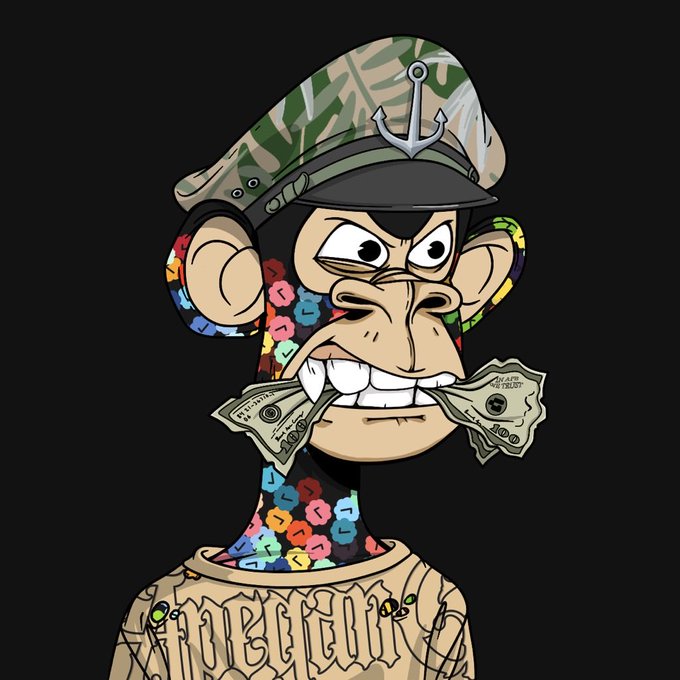 A cartoon ape wearing a military cap with an anchor emblem, decorated with colorful floral patterns on its face and neck, bites down on two hundred-dollar bills while wearing a shirt that reads "DECENTRALIZE," visually reinforcing the post's message about protecting blockchain assets from future quantum computing threats through QuipNetwork.