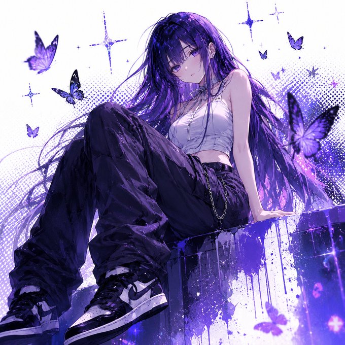 An anime-style illustration depicts a girl with long purple hair sitting among butterflies and stars in a purple-themed artistic composition.