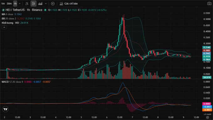A TradingView 1-hour candlestick chart for HEI/TetherUS on Binance, showing Bollinger Bands and a MACD indicator with prices ranging between $0.1942 and $0.2002.