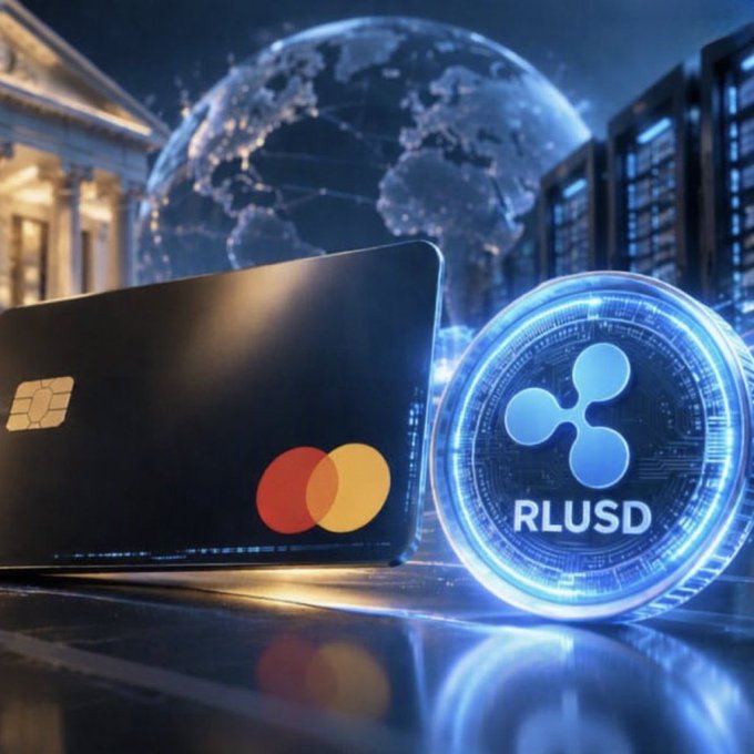 A digital artwork featuring a black Mastercard credit card next to a glowing blue Ripple (XRP) coin with 'RLUSD' text, set against a globe background.