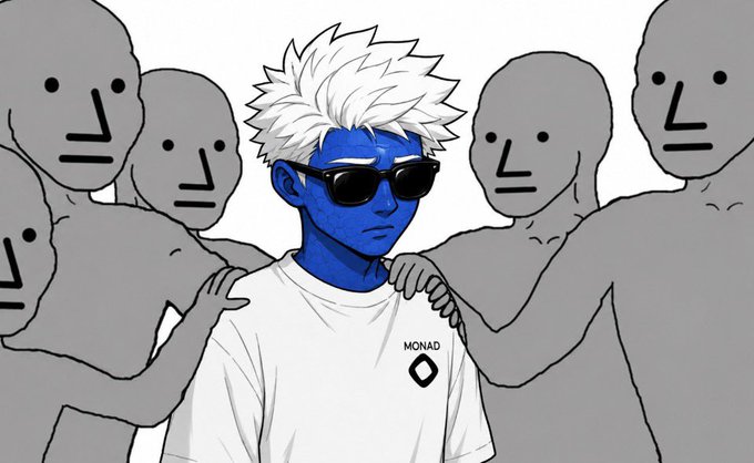 An anime-style illustration of a blue-skinned character with white hair wearing sunglasses and a "MONAD" t-shirt, standing out from a crowd of identical gray figures.