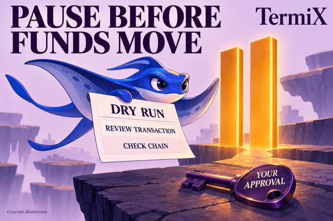 TermiX concept illustration showing a blue shark holding a “DRY RUN” checklist with “REVIEW TRANSACTION” and “CHECK CHAIN,” beside a key labeled “YOUR APPROVAL”; headline: “PAUSE BEFORE FUNDS MOVE.”